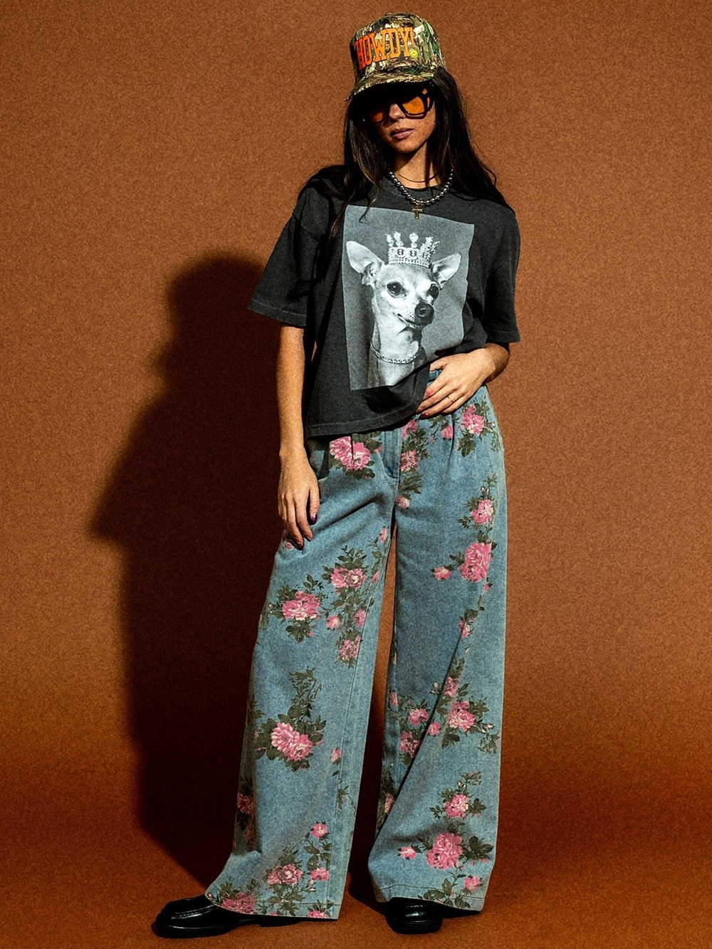 Dressed in LALA Floral Wide Leg Denim Jeans - S